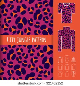 Trendy animal print seamless pattern with examples of usage. Fashion clothes vector illustration. Clothes icon set included. Sorted in layers.