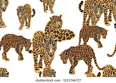 Trendy Animal Print. Seamless vector pattern with leopards on white background. Safari textile collection.