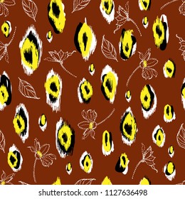 Trendy animal skin with dash embroidery line flowers seamless  pattern vector for fashion ,wallpaper, fabric and all prints on stylish brown background color