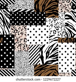 Trendy animal skin mixed with geometric pattern ,polka dots and stripe in modern patchwork collage style seamless vector design for fashion,fabric , wallpaper and all prints 