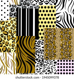 Trendy animal skin mixed with geometric pattern, polka dots and stripe in modern patchwork collage style seamless vector design for fashion, fabric, wallpaper and all prints