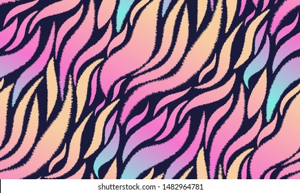 Trendy animal skin print in bright neon colors. Colorful seamless tiger stripes on dark background. Striped background. Seamless wild safari pattern. Vector.