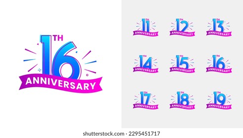 Trendy anniversary logo collections. Birthday number for celebration moment with fireworks and gradient color. 11, 12, 13, 14, 15, 16, 17, 18, 19, years logo set