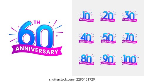 Trendy anniversary logo collections. Birthday number for celebration moment with fireworks and gradient color. 10, 20, 30, 40, 50, 60, 70, 80, 90, 100, years logo set