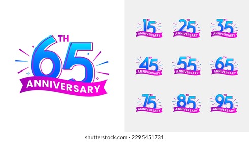 Trendy anniversary logo collections. Birthday number for celebration moment with fireworks and gradient color. 15, 25, 35, 45, 55, 65, 75, 85, 95, years logo set