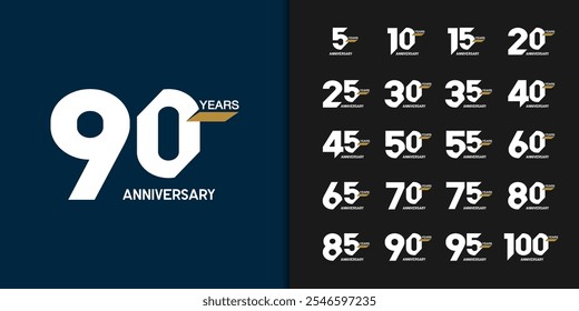Trendy anniversary logotype set. Modern geometric anniversary celebration icons design for company profile, leaflet, magazine, brochure poster, web, invitation or greeting card. Vector illustration.