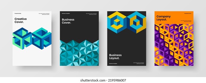 Trendy annual report A4 design vector illustration set. Colorful mosaic tiles front page concept bundle.