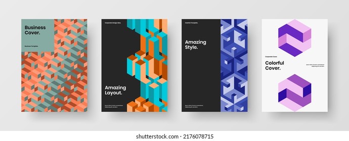 Trendy annual report A4 vector design template set. Unique mosaic tiles banner concept composition.