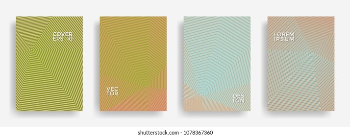 Trendy annual report design vector collection. Halftone stripes texture cover page layout templates set. Report covers geometric design, business brochure pages corporate backgrounds.