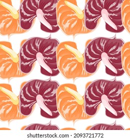 Trendy anthurium flowers seamless pattern isolated on white background. Summer exotic hawaiian plants backdrop. Tropical botanical wallpaper. Design for fabric , textile, surface, wrapping paper
