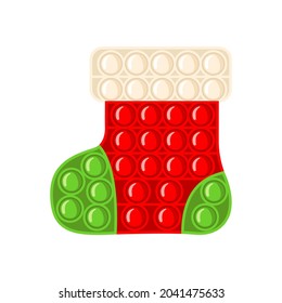 Trendy antistress sensory toy Pop it fidget in Christmas sock shape in flat style isolated on white background.