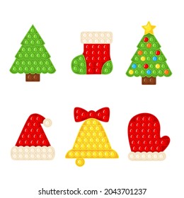 Trendy antistress sensory toy Pop it fidget set with Christmas elements in flat style isolated on white background.