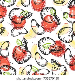 Trendy apple fruit seamless pattern. Garden backdrop. Fresh sliced apple, leaves. Vector natural background. Textile texture.