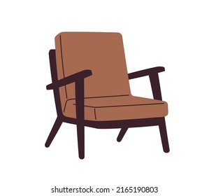 Trendy armchair design in retro mid-century 60s style. Arm chair with wood base and armrests, upholstered pads. Cozy lounge furniture. Colored flat vector illustration isolated on white background