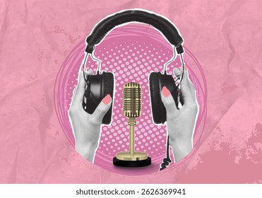 Colagem de arte na moda com cortar as mãos femininas, fones de ouvido e microfone retro dourado no fundo rosa. Podcasting e criatividade no conceito de música. Espaço negativo