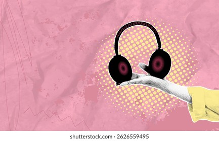 Trendy art collage with cut out female hand and headphones and golden on pink background. Podcasting and creativity in music concept. Negative space