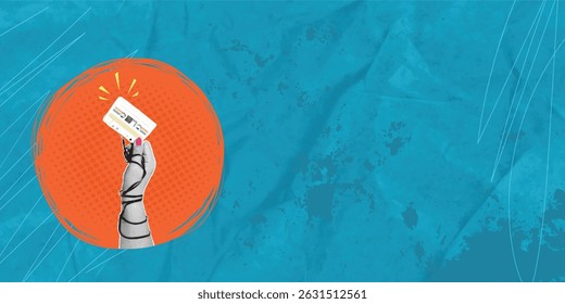 Trendy art collage depicting a hand holding a vintage audio cassette, tape wraps around the hand. Old technology concept. Negative space to insert text, ads, announcements