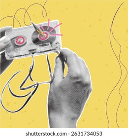 Trendy art collage depicting a hand holding a vintage audio cassette. Pencil for rewinding the tape on the reel. Old technology concept. Negative space for inserting text, advertising, announcements