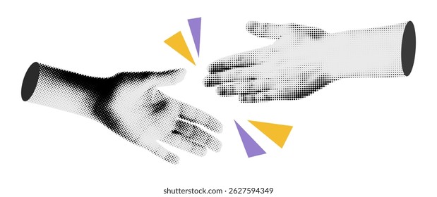 Trendy art collage element. Halftone hands reaching out to each other. Cutout paper clipping shapes, handshake of business partners, making a deal concept. Modern retro mixed media vector illustration