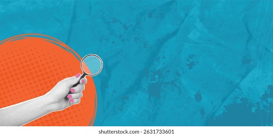 Trendy art collage featuring a cut out hand. Female hand holding a magnifying glass on blue background. Layout with empty space for text and design. Contemporary topical art