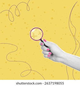 Trendy art collage featuring a cut out hand. Female hand holding a magnifying glass on yellow background. Contemporary topical art