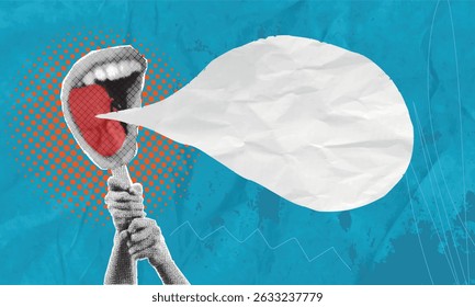 Trendy art collage. Female hands holding poster with screaming mouth and speech bubble for advertisement or news. Information presentation concept abstract on blue background.
