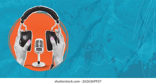 Trendy art collage with modern headphones and retro microphone on blue background. Podcasting and creativity in music concept. Negative space