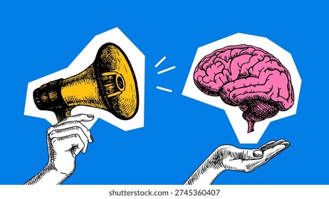 Trendy art collage of sketch hands with megaphone and brain. Communication, marketing, job search, employment agency concept. Retro hand drawn vector illustration.