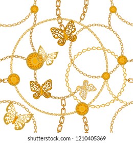 Trendy Art Deco style print with buttereflies. Seamless vector pattern with chains and golden rings. Vintage textile collection. On white background.