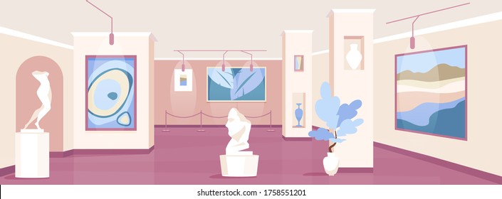 Trendy art gallery flat color vector illustration. Pictures and sculptures for exhibition. Exposition of modern masterpiece. Cultural museum 2D cartoon interior with installations on background