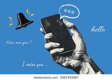 Trendy art  halftone collage of smartphone hands sending messages. Telephone correspondence, signal notification bell and speech bubble. Halftone collage and doodle of lightning.