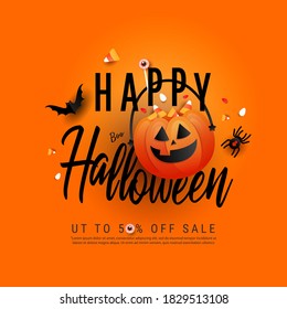 Trendy art Happy Halloween template poster with orange trick or treat pumpkin and color candy, bats, spider and creative hand draw text on orange background. Flat lay, top view with copy space