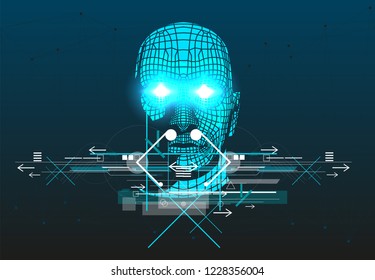 Trendy art, modern face art with lines and arrows. The poster with 3D man head.  Abstract geometric background. Futuristic Vector illustration with polygonal background