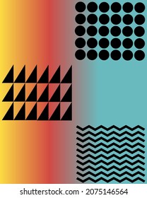 trendy art new design poster red, yellow and green gradient multicolored bright colors blur and geometric shapes circles, triangles and waves from lines