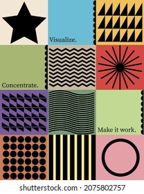 trendy art new design poster and lettering different colored squares and black geomeric shapes