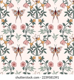 Trendy art nouveau floral seamless pattern. Retro boho pattern background with butterfly, flowers, leaves and vines. 