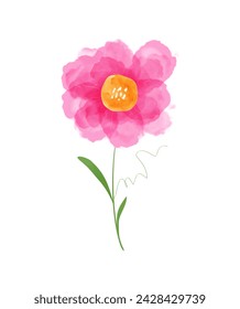 Trendy Art with Pink Flower. Watecolor Painting-like Floral Vector Illustration with Big Single Wild Flower on a White Background. Infantile Style Hand Drawn Abstract Blooming Poppy. RGB. No Text.
