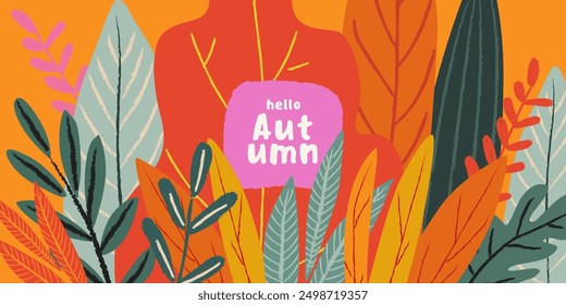 Trendy art style abstract autumn poster, cover, card with bright beautiful leaves and plants. Fall background, Sale banner, or flyer design. Template for advertising, web, social media, print