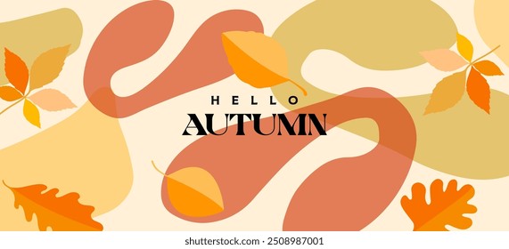 Estilo de arte na moda pôster de outono abstrato, capa, cartão com belas folhas brilhantes e plantas. Plano de fundo de outono, Banner de venda ou design de panfleto. Modelo para publicidade, web, mídia social, impressão