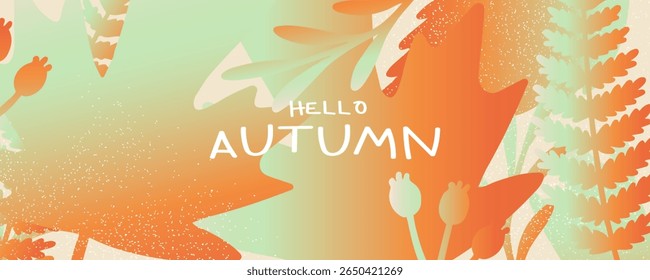 Trendy art style abstract autumn poster or cover with bright beautiful leaves, plants, nature shapes pattern. Fall background template for advertising, web, social media, Sale banner, or flyer design.