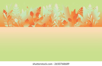 Trendy art style abstract autumn banner, poster, cover, card with bright beautiful autumn forest, trees, plants and sky. Fall background, template for advertising, sales, web and social media, print
