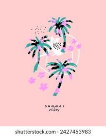 Trendy Art "Summer Vibes". Hand Drawn Vector Print with Palm Trees and Flowers. Abstract Doodle Drawing-like Tropical Beach Illustration. Blue Palms on a Light Pink Background.Summer Time Design.RGB. 