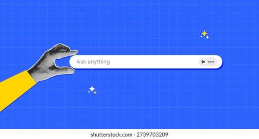 Trendy Artificial intelligence search concept with human hand holding search bar in retro halftone collage style. Contemporary AI vector illustration art