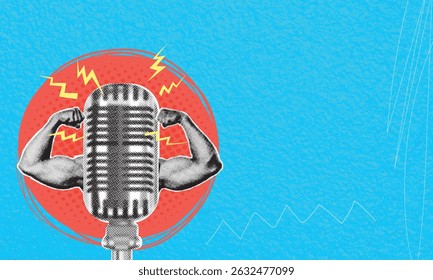 Trendy artistic modern collage with strong muscular arms holding microphone on blue background. Concept for news, advertising or call to action.