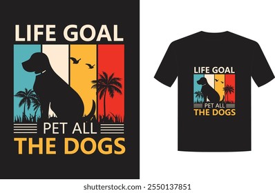 Um design de camiseta moderno e artístico centrado em torno de cães. O design mostra um cão divertido e energético no meio do salto, capturado em uma silhueta dinâmica ou ilustração detalhada. Ao redor do cão estão