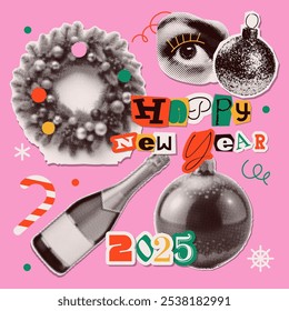 Trendy artistic vintage halftone montage conveying warm Christmas Season's Greetings with happy eye, wreath, champagne bottle, xmas tree baubles. Vector dotted illustration.