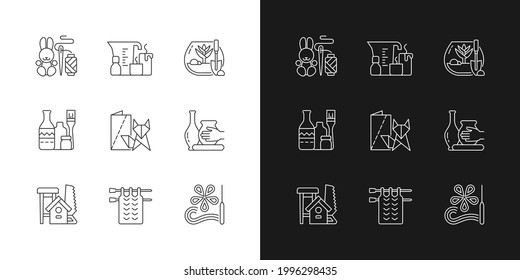 Trendy arts linear icons set for dark and light mode. Handmade toys. Candle making. DIY tropical terrarium. Customizable thin line symbols. Isolated vector outline illustrations. Editable stroke