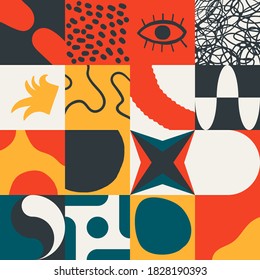 Trendy artwork pattern with abstract vector geometric shapes and hand-drawn organic textures. Simple form bold graphic design, useful for web art, invitation cards, posters, prints, textile