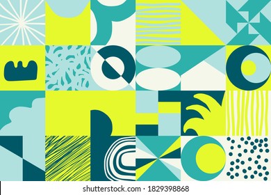 Trendy artwork pattern with abstract vector geometric shapes and hand-drawn organic textures. Simple form bold graphic design, useful for web art, invitation card, poster, print, textile, background