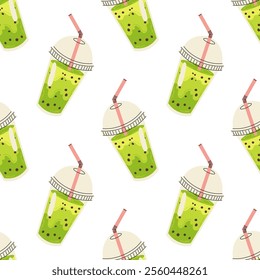 Trendy asian beverage. Plastic cup with matcha bubble tea. Green tea drink. Seamless pattern for textile, wrapping paper, background.	